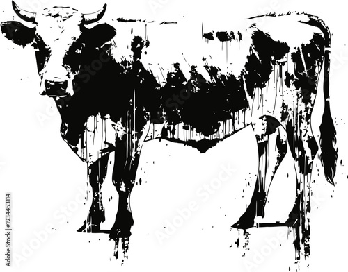 Black and white grunge cow silhouette illustration rustic cattle farm animal artwork