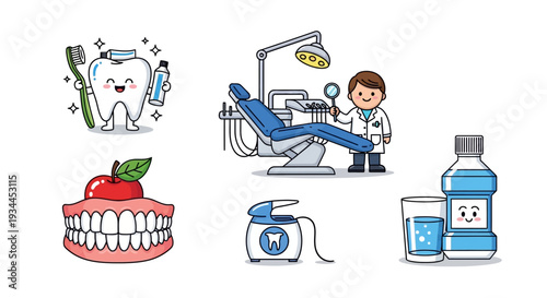 Dentist office cartoon illustrations for healthcare and hygiene concepts