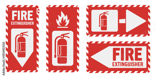 Fire Extinguisher Sign Set, Firefighting Tools, Flame Safety Symbols, Logo, Badge, Icon, Sticker, Label, Banner, Arrow, Red Circle, Line, Flat Vector Illustration