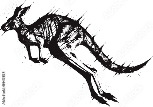 Abstract black ink kangaroo illustration dynamic animal sketch with grunge splatter effect on white background