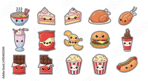 Cute kawaii food illustrations featuring various dishes and sweet treats