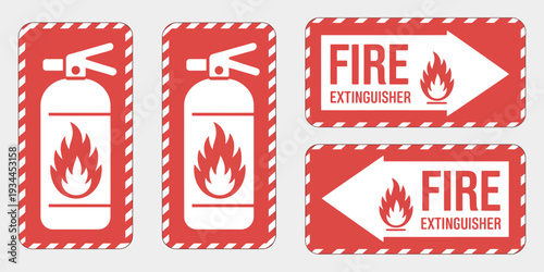 Fire Extinguisher Sign Set, Firefighting Tools, Flame Safety Symbols, Logo, Badge, Icon, Sticker, Label, Banner, Arrow, Red Circle, Line, Flat Vector Illustration