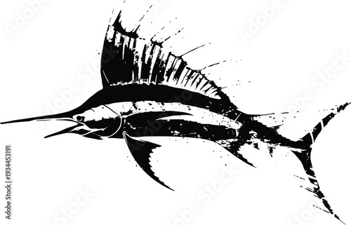 Black and white sailfish illustration marine predator fish with long bill and prominent dorsal fin ocean wildlife drawing