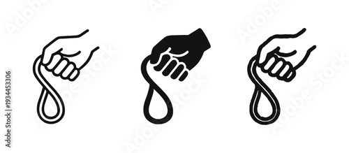 Hand Holding Looped Rope Icons. Knot Tying Symbols for Safety and Adventure in Outline, Solid, and Doodle Styles.