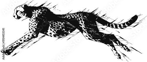Running cheetah silhouette in motion fast wild cat, speed, agility, dynamic blurred effect black and white
