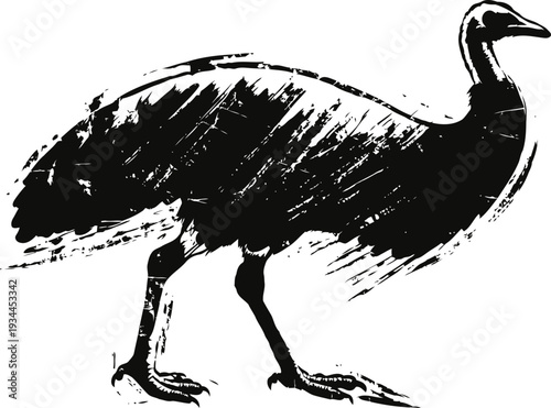 silhouette of an emu walking with textured fur effect, black and white animal illustration