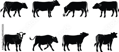 Collection of black silhouette illustrations of cows in various poses and actions for agricultural or dairy-themed designs