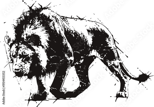 Black ink splatter silhouette of a lion walking with detailed mane and tail, grunge animal art design