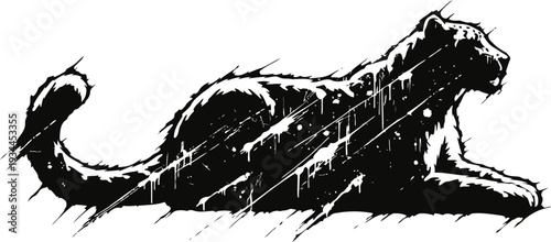 black panther silhouette in dynamic rain streaks, powerful feline lying down with intense gaze