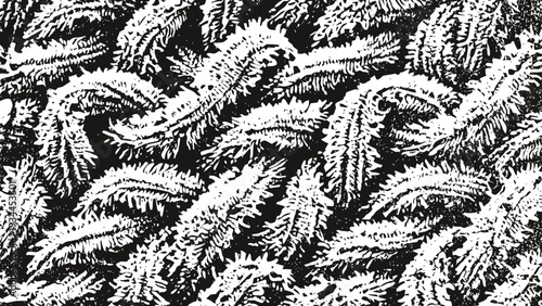 Monochrome abstract pattern with densely packed curved shapes in high contrast black and white