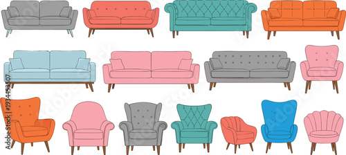 Modern colorful sofas and armchairs isolated furniture vector illustration collection