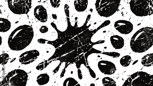 Grunge black paint splatter and splashes on white background abstract textured ink blot and stain pattern