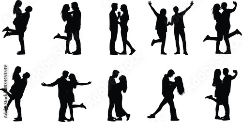 Romantic couple silhouettes hugging kissing love relationship young man and woman black silhouette isolated on white background illustration