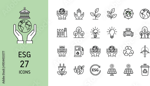 ESG Line Icons Set with Environmental Social Governance Sustainability Renewable Energy and Corporate Responsibility Editable Vector Collectio