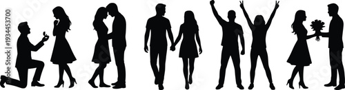 Romantic couple silhouettes proposal love relationship engagement man giving flowers walking together happy romance black silhouette isolated on white