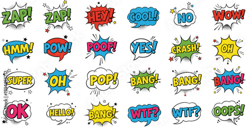 Large collection of colorful comic book speech bubbles and sound effect bursts with retro pop art halftone shading for creative design
