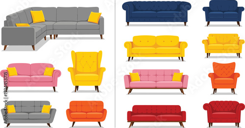 Colorful modern sofa and armchair collection isolated furniture vector set