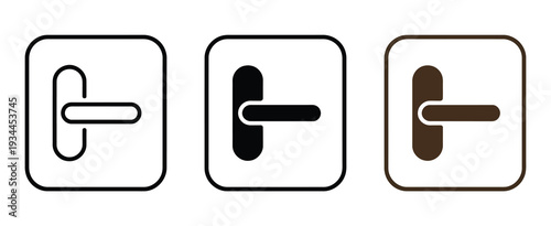 Flat door handle vector icon, minimal design with linear and filled versions, representing entryways, locks, and user interface navigation elements for web and mobile applications.