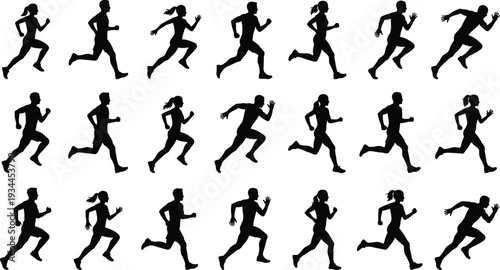 Running athletes silhouette set men and women runners jogging sport fitness movement black vector illustration isolated collection