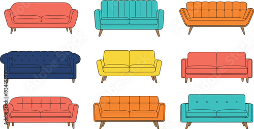Modern colorful sofa collection isolated furniture vector illustration set
