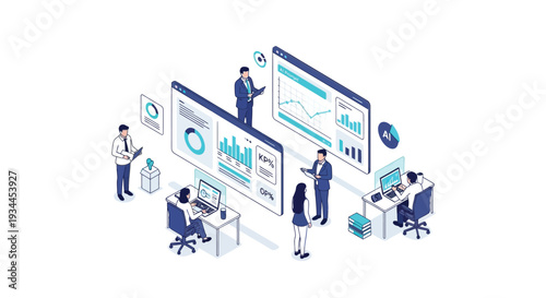 Isometric illustration depicting data analysis and modern business teamwork