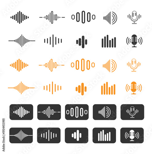 Audio Signal, Voice Recording and Podcast Icons.Line, Solid and Colored Waveform Collection.