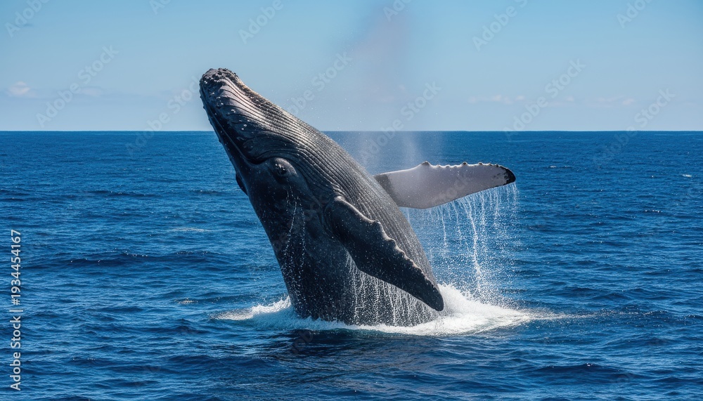 Obraz premium Majestic humpback whale powerfully breaches the ocean surface, spraying water under a clear blue sky.