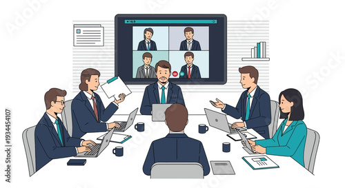 A business team conducts a video conference meeting around a large table