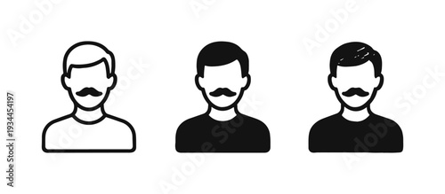 Man with Moustache Avatar Icon Set: Outline, Solid, and Doodle Styles for User Profiles