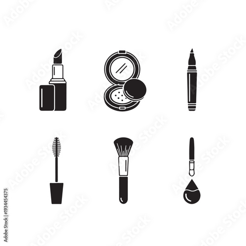 Makeup Cosmetics Icons in Minimalist Black Silhouette with White Background for Beauty Blog