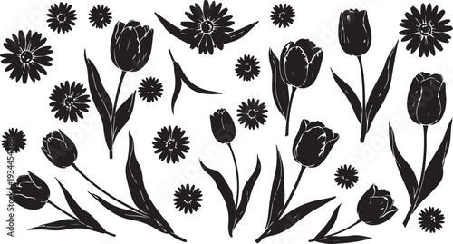 Black and white floral illustration with tulips and daisies