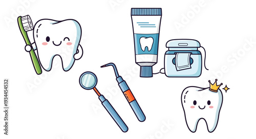 Cute cartoon dental tools and tooth characters for healthy smiles