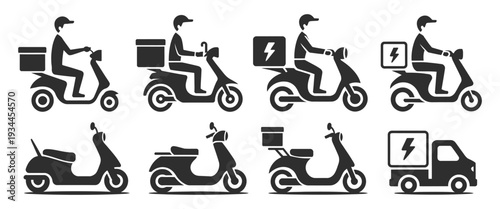 Grocery and Food Delivery Scooter Silhouette Vector, Courier Icons for App, Website, and Delivery Service Design