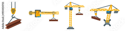 CRANE LIFT - Tower crane hoisting a heavy steel beam upwards  Flat Vector Illustration on Transparent Background