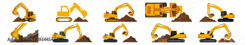 EXCAVATOR - Yellow hydraulic digger scooping a pile of earth Flat Vector Illustration on Transparent Background