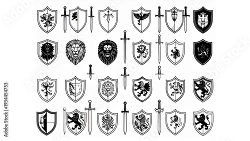 Medieval heraldry emblem vector set with swords shields lions crowns and royal coat of arms silhouettes