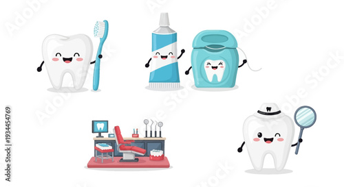 Friendly dental cartoon characters in modern office setting