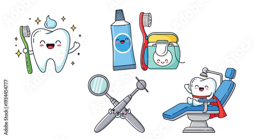 Colorful dental cartoon characters with toothbrushes and toothpaste