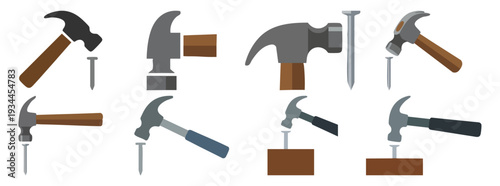 HAMMER AND NAIL - Steel hammer head striking a vertical silver nail  Flat Vector Illustration on Transparent Background