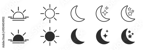 Fotografija Sunrise sunset sun and crescent moon with stars weather icon set in outline and