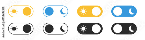 Day and night toggle switch button with sun and moon icon set in outline and filled style vector illustration isolated on transparent background