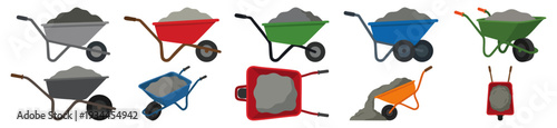  WHEELBARROW - Metal garden barrow filled with wet concrete  Flat Vector Illustration on Transparent Background