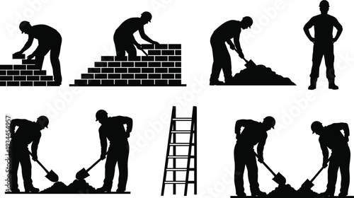 Construction workers silhouettes set with building and digging activities, labor job icons collection, industrial work scenes, black vector illustration isolated on white background