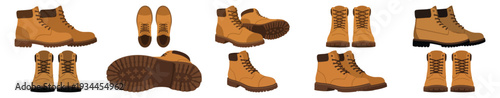 WORK BOOTS - Pair of heavy duty tan leather construction boots  Flat Vector Illustration on Transparent Background
