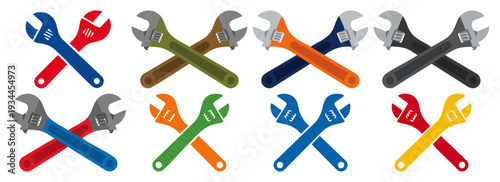 WRENCH CROSS - Two adjustable wrenches crossed in an X shape  Flat Vector Illustration on Transparent Background