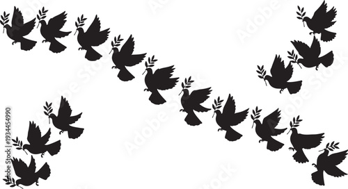 Flock of doves flying in formation with olive branches