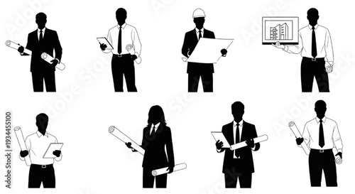 Architects and engineers in silhouette holding blueprints and building plans