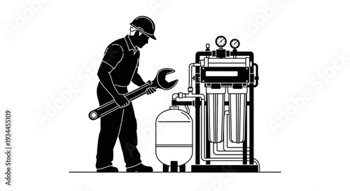 Industrial Maintenance Worker With Wrench Repairing Water Filtration System