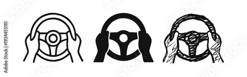 Hands on steering wheel icon set. Driving and car control symbol for automotive themes.