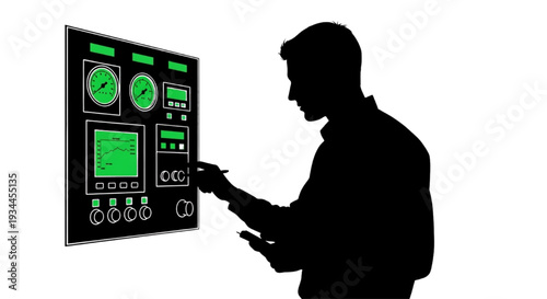 Man silhouette interacting with an illuminated digital control panel, conceptualizing modern interface management solutions